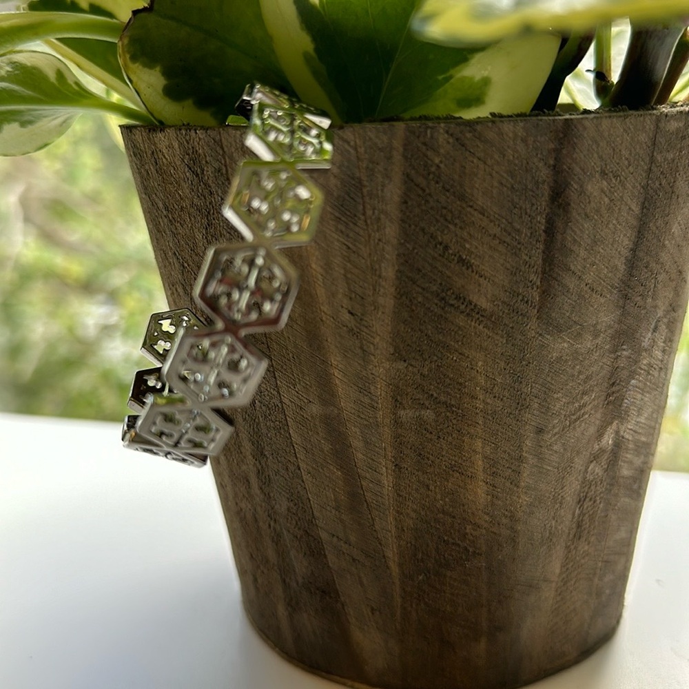 Tory Burch Silver Hexagon Logo Cuff Bracelet